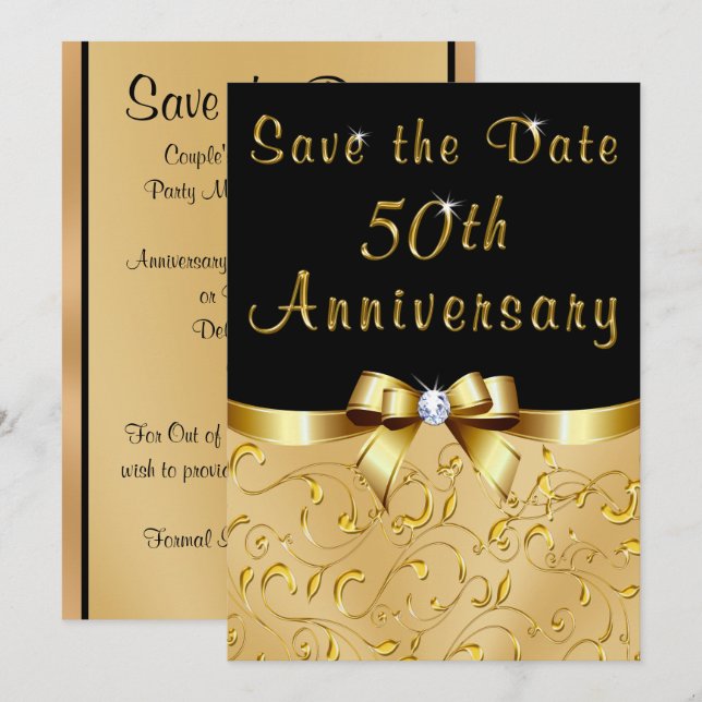 Invitation Noir, or Enregistrer la date 50e anniversaire Mari (Devant / Derrière)