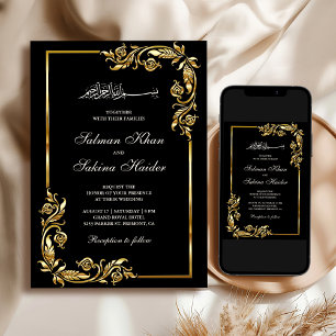 Invitation Noir Or Floral Frontière Mariage Islamique