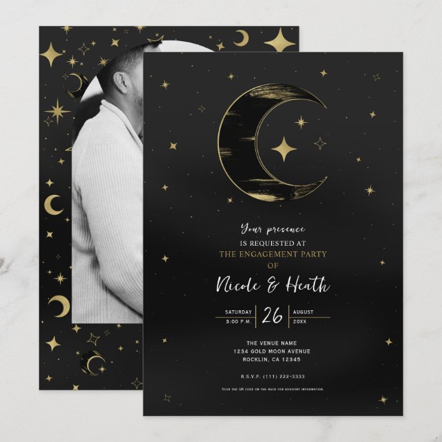 Invitation Noir & Or Moderne Céleste Lune Étoile Fiançailles (Devant / Derrière)