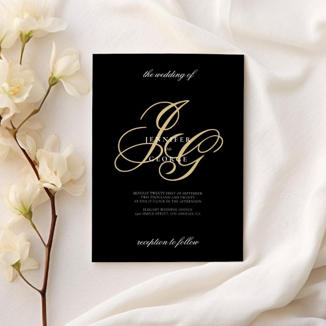 Invitation Noir or monogramme initiales mariage romantique (Black gold monogram initials romantic wedding)