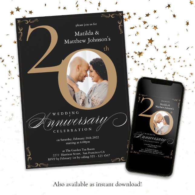 Invitation Noir Or Personnalisé 20e Anniversaire de Mariage  (20th Wedding Anniversary Black Gold Calligraphy Invitation)