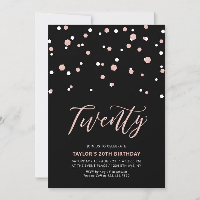 Invitation Noir or Rose Simple Vingt 20e anniversaire (Devant)