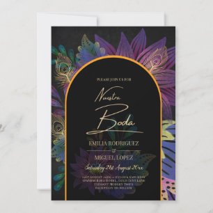 Invitation Noir Peacock Jewel Tones Floral Mariage
