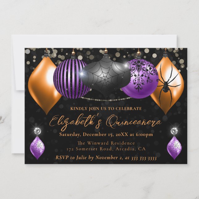 Invitation Noir pourpre, Orange Halloween Baubles Quinceanera (Devant)