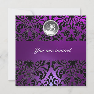 Invitation NOIR & PURPLE DAMASK GEM PIERRE MONOGRAMME glace