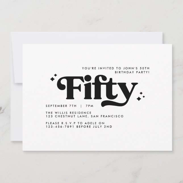 Invitation Noir rétro blanc moderne minimaliste 50e anniversa (Devant)
