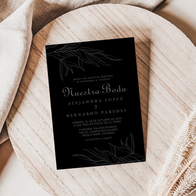 Invitation Noir Retro Boho Leaf Nuestra Boda Mariage (Créateur téléchargé)