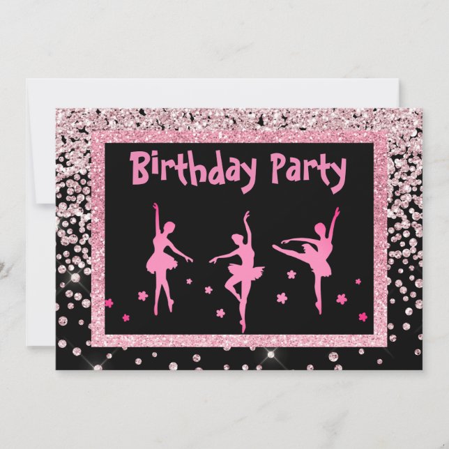 Invitation Noir rose Ballerina Étincelle Enfants Anniversaire (Devant)