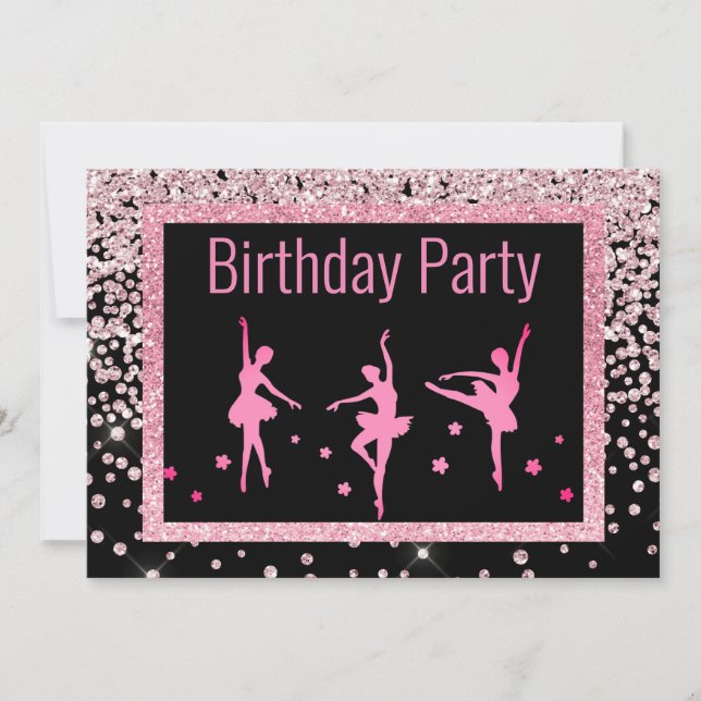 Invitation Noir rose Ballerina Étincelle Enfants Anniversaire (Devant)