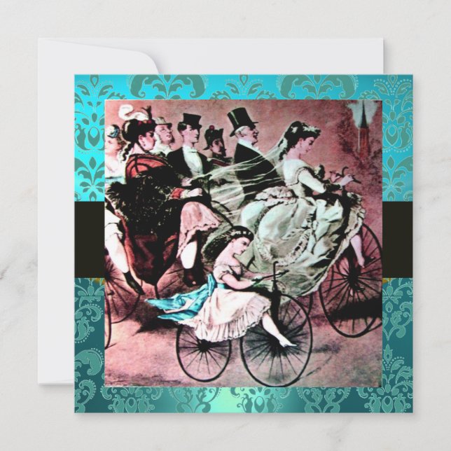 INVITATION NOIR ROSE BLEU BICYCLE MARIAGE DAMASK MONOGRAM (Devant)