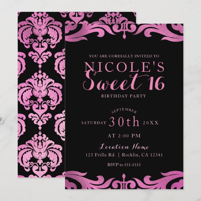 Invitation Noir & rose Damask Chic Elegant Sweet 16 Party (Devant / Derrière)