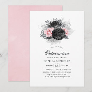 Invitation Noir Rose et Argent Fleurs Vintage Quinceañera