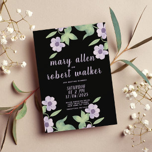 Invitation Noir rose lavande vert fleuri mariage