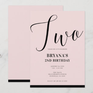 Invitation Noir rose Script minimaliste moderne DEUX 2E Anniv