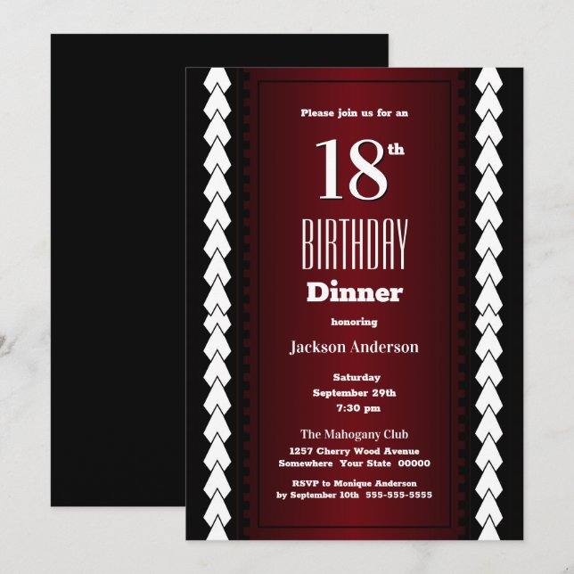 Invitation Noir rouge et blanc 18e anniversaire Dîner (Devant / Derrière)