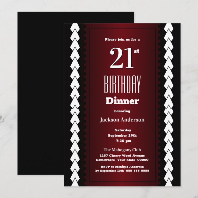 Invitation Noir rouge et blanc 21e anniversaire Dîner (Devant / Derrière)