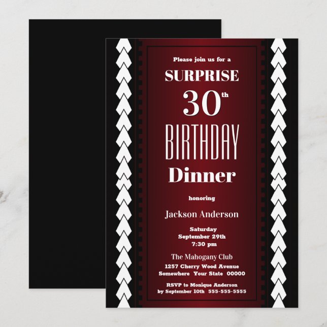 Invitation Noir rouge et blanc Surprise 30e anniversaire Dîne (Devant / Derrière)