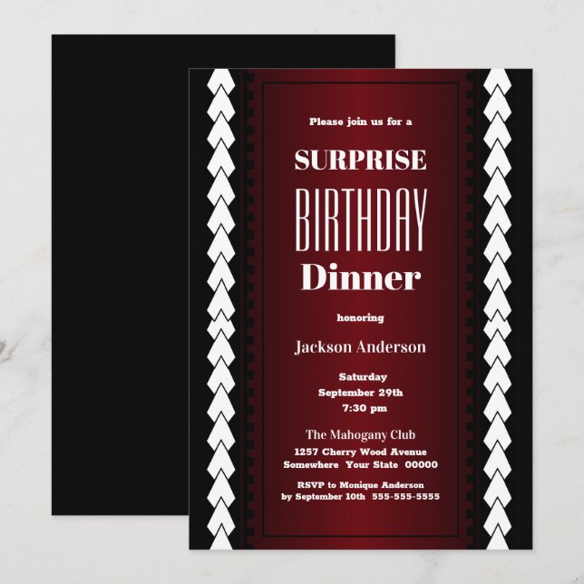 Invitation Noir rouge et blanc Surprise Dîner d'anniversaire (Devant / Derrière)