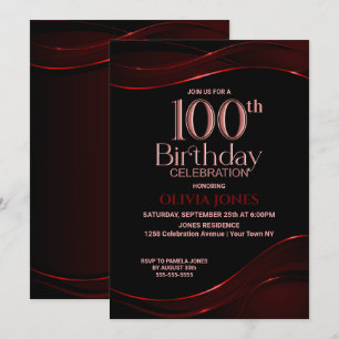 Invitation Noir rouge moderne 100e fête d'anniversaire