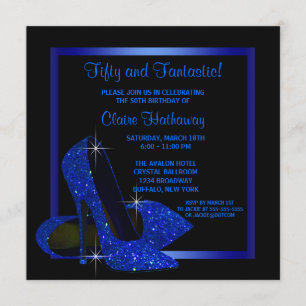 Invitation Noir Royal Bleu Haut talons femmes fête d'annivers