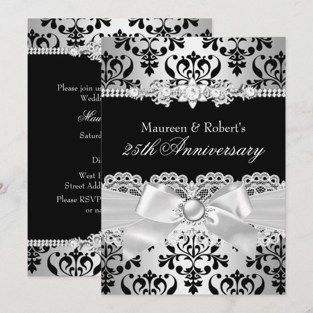 Invitation Noir Ruban de Pearl Damassé Argent 25e Anniversair (Devant / Derrière)