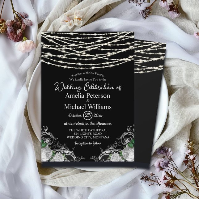 Invitation Noir Russe Blanc Roses Chaîne Lumière Mariage (Créateur téléchargé)