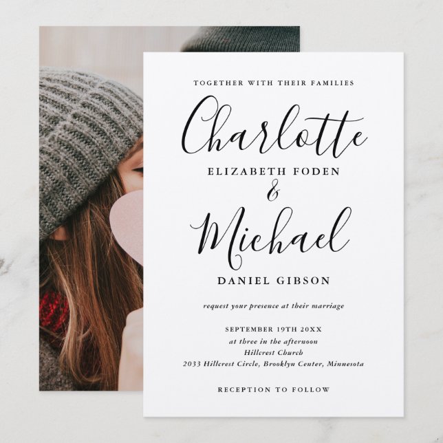 Invitation Noir Signature Script Rustique Kraft Photo Mariage (Devant / Derrière)