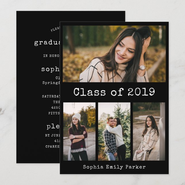 Invitation Noir simple machine à écrire | Parti de fin d'étud (Devant / Derrière)