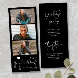 Invitation Noir Simple Moderne Script 3 Photo Graduation