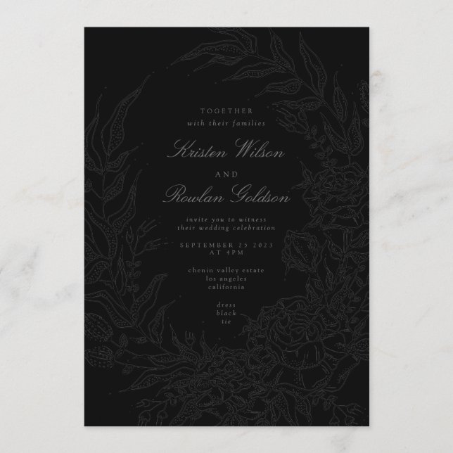 Invitation Noir sur Black Floral Wreath Mariage QR Code (Devant)