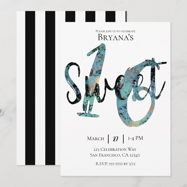 Invitation Noir Turquoise bronze moderne Sweet 16 Anniversair (Devant / Derrière)