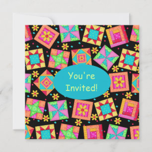 Invitation Noir Turquoise Coloré Patchwork Quilt Block Art