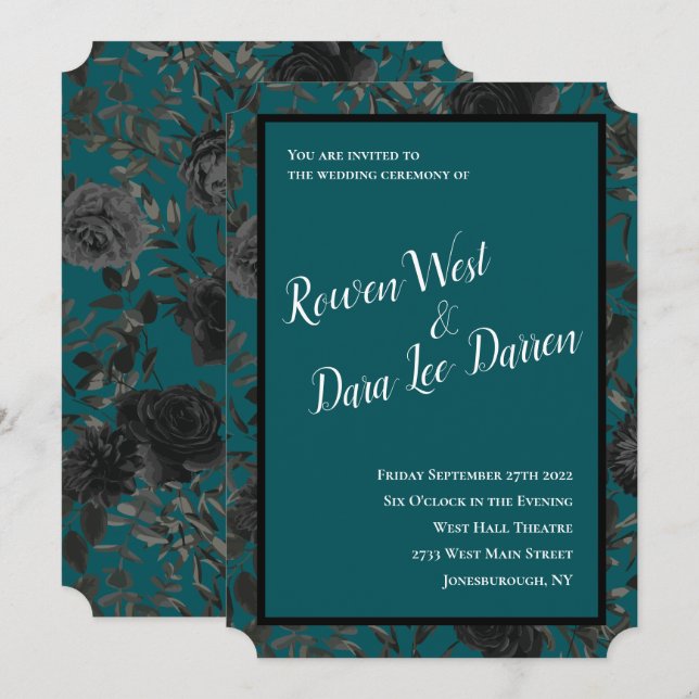 Invitation Noir Turquoise Rose gothique Élégant mariage (Devant / Derrière)