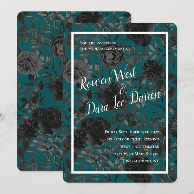 Invitation Noir Turquoise Rose gothique Elégant Mariage (Devant / Derrière)