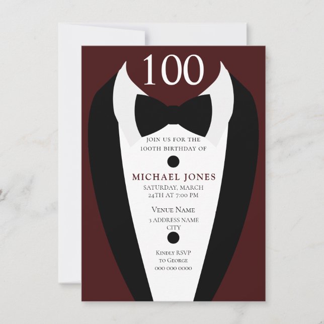 Invitation Noir Tuxedo Bourgogne 100ème anniversaire Invitati (Devant)