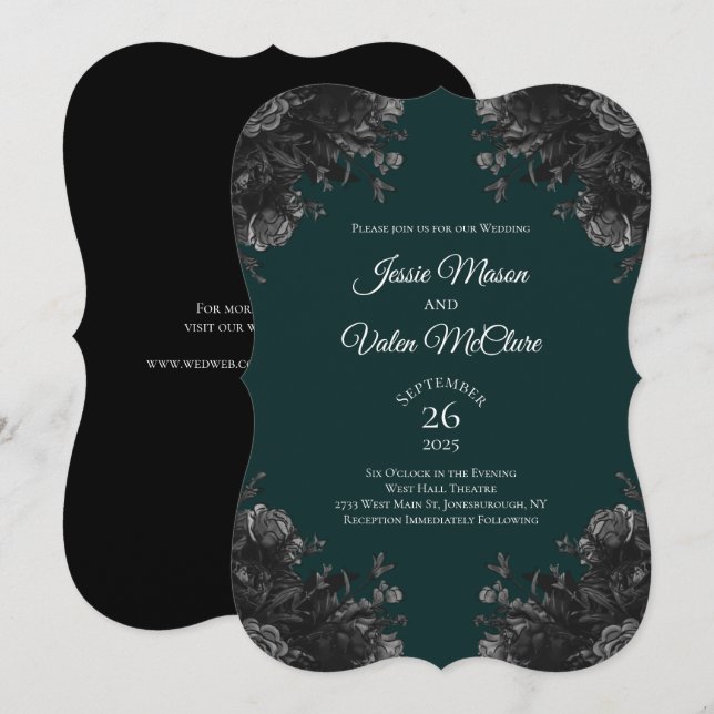 Invitation Noir Vert foncé Gris Rose Gothique Élégant Mariage (Devant / Derrière)