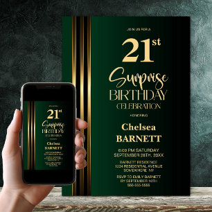 Invitation Noir vert rayé or 21e anniversaire surprise