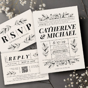 Invitation Noir vintage & Crème Botanique Mariage élégant