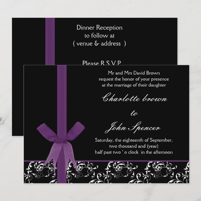Invitation Noir violet blanc Damas FAUX conception ruban (Devant / Derrière)