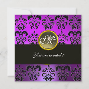 Invitation NOIR VIOLET  DAMAS MONOGRAMME, agate grise