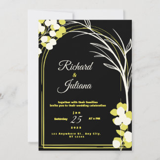 Invitation noire avec fleur jaune et blanche