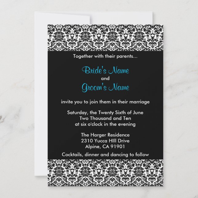 Invitation noire/blanche/bleue de mariage damassé (Devant)