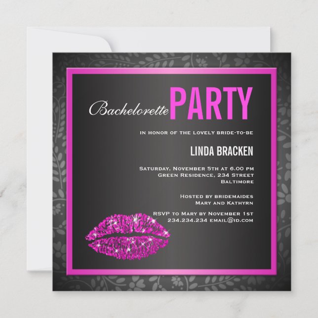 Invitation noire de Bachelorette de lèvres roses (Devant)