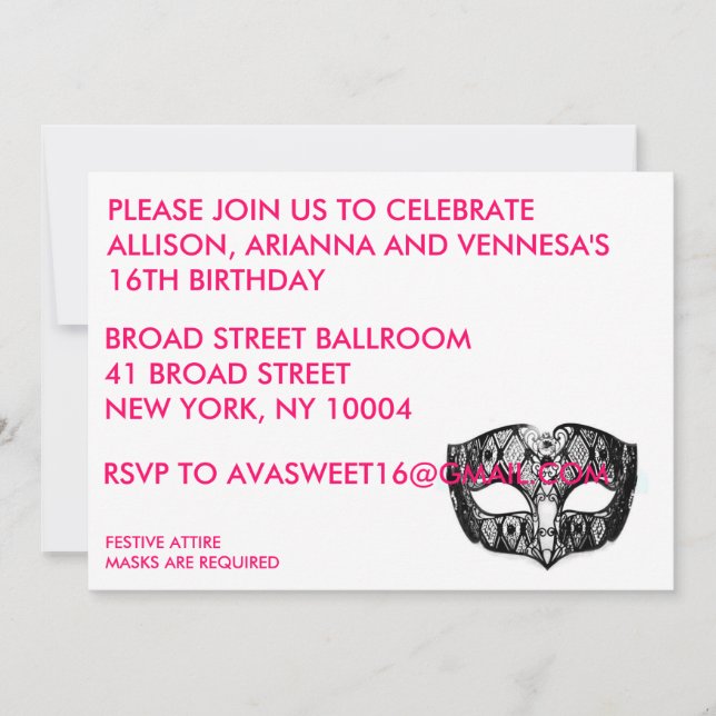 INVITATION NOIRE DE PARTIE DE MASQUE (Devant)