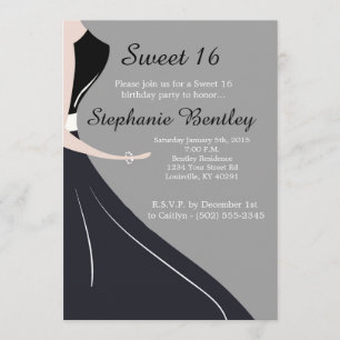 Invitation noire du bonbon 16 à silhouette de robe