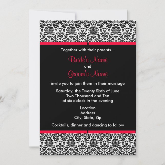 Invitation noire et blanche de mariage damassé (Devant)