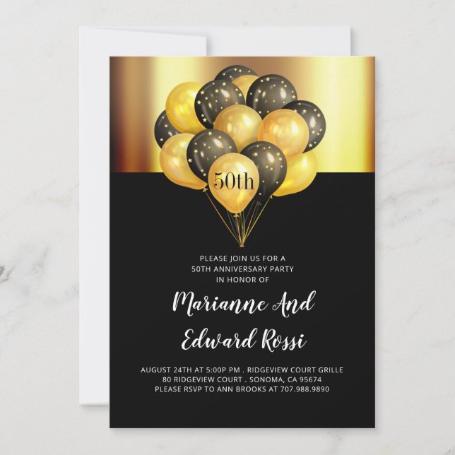 Invitation noire et or pour les 50 ans de mariage (Devant)