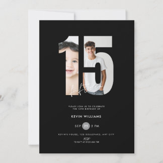 Invitation noire pour 15e anniversaire avec photo 