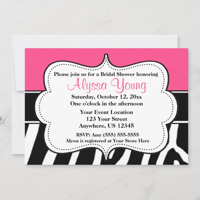 Invitation noire rose d'impression de zèbre (Devant)