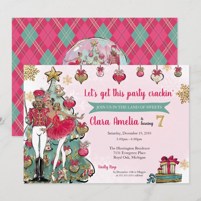Invitation Noisette Ballet Noël Rouge Or Anniversaire (Devant / Derrière)